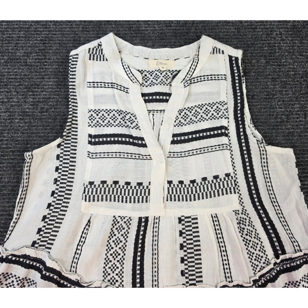 Elan Tiered Midi Dress Womens M White Black Boho Embroidered Cotton Sleeveless